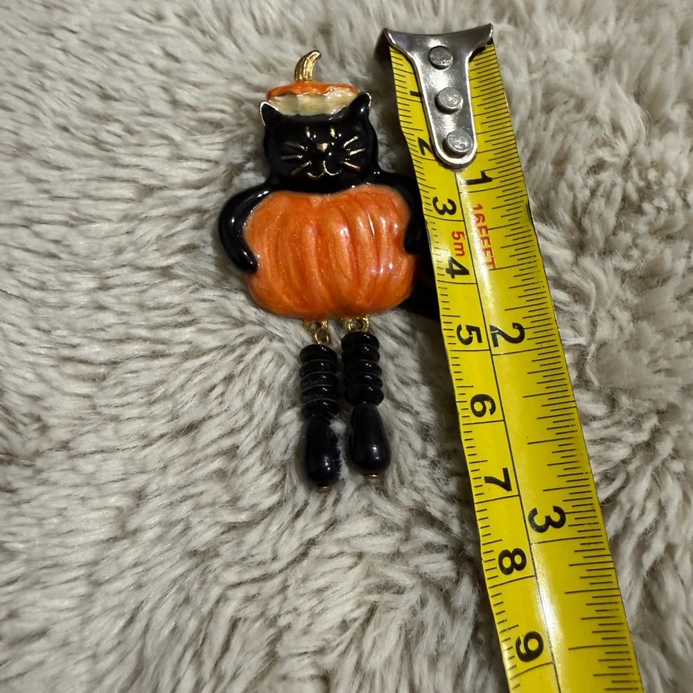 Vintage Black Cat Pumpkin‎ Pin Brooch Halloween Orange Enamel Dangle 1980s